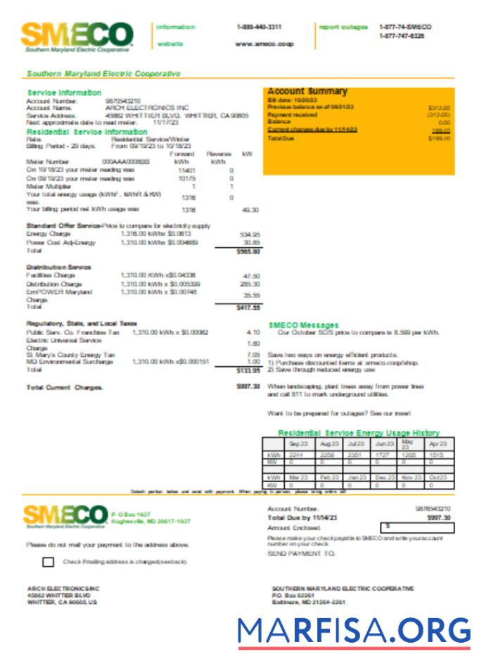 Blank Southern Maryland Electric Cooperative SMECO utility business bill, SCR example